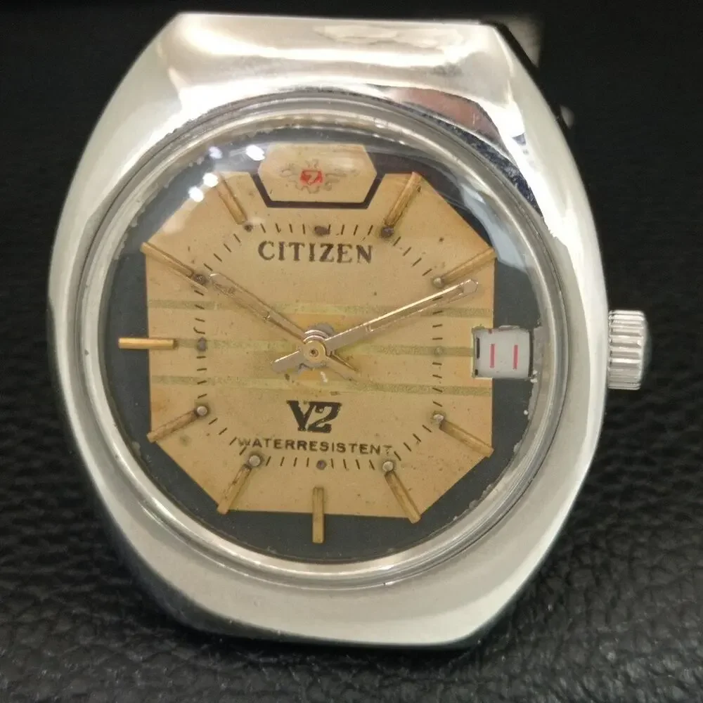 Vintage 1980 Citizen Manual Wound Mens Silver Watch W/Date & Gold accents